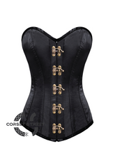 Black Satin Bronze Seal Lock Gothic Steampunk Bustier Waist Training LONG Overbust Corset Costume